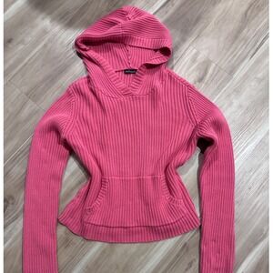 Moda‎ International Ribbed Knit Hoodie Pink Long Sleeve Pocket Pullover y2k v2